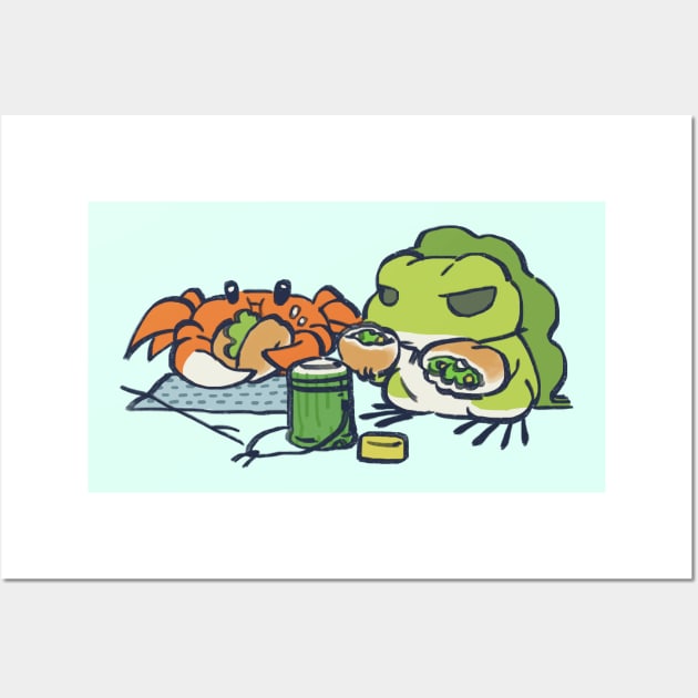 traveling frog eating picnic lunch with crab / tabi kaeru Wall Art by mudwizard